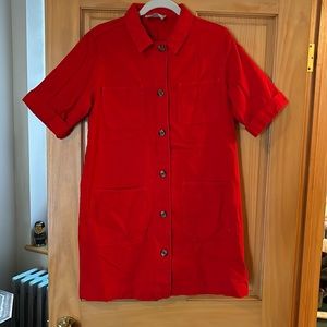 Red Button-Front Short-Sleeve Shirt Dress